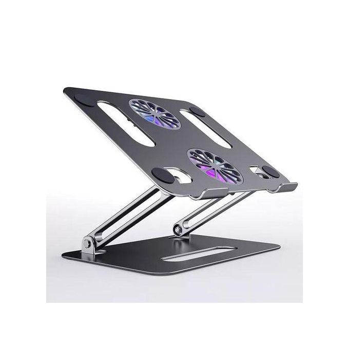 A silver laptop stand made of aluminum alloy with adjustable angles and built-in cooling fans.